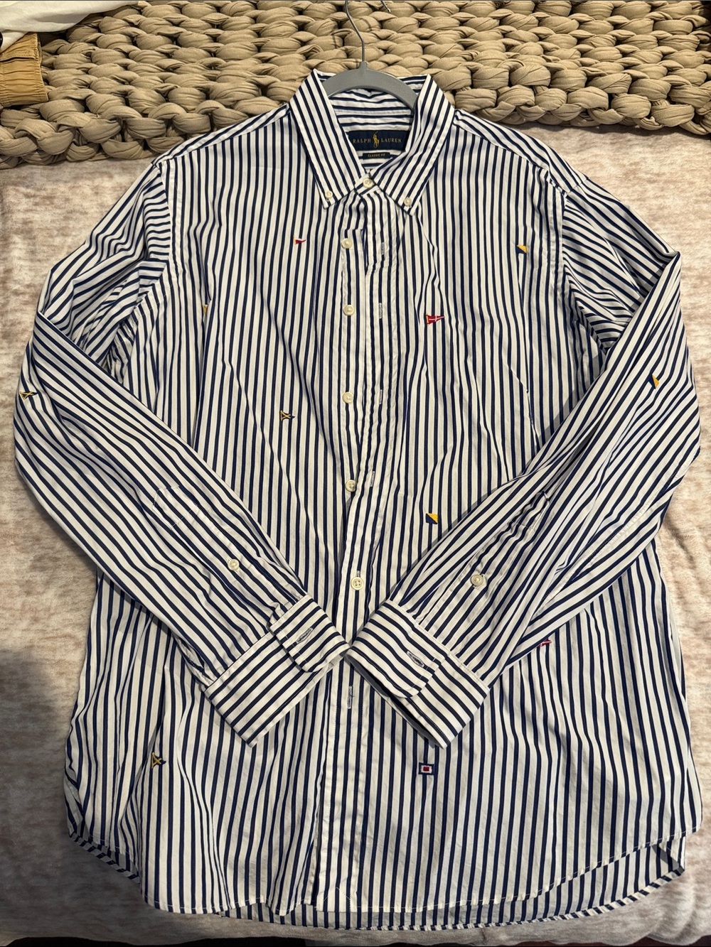 Ralph Lauren Navy & White Striped Button-Down Shirt with Embroidered Motifs